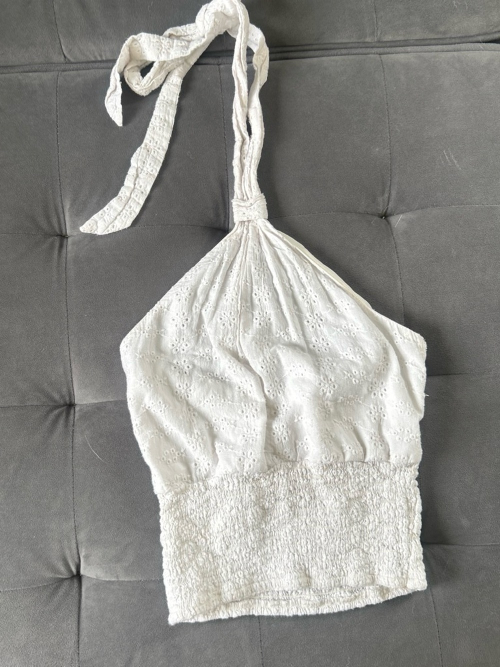 White Eyelet Halter Smocked Crop Top - Women